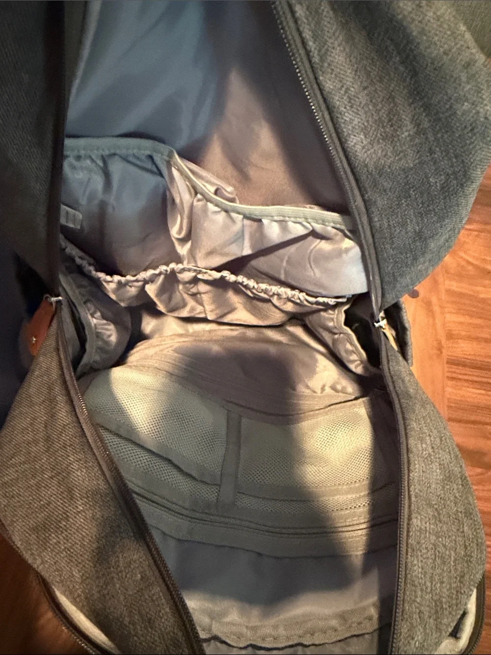 Gray Quilted Baby Backpack with Tan Accents